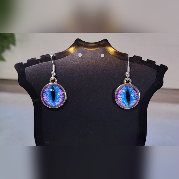 None Jewelry - Blue and Purple Cat Eye Statement Dangle Earrings / Pierced